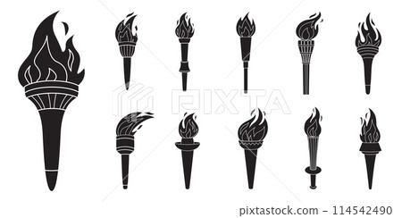 Torch with flame icon set. Silhouettes various flaming torches. 114542490
