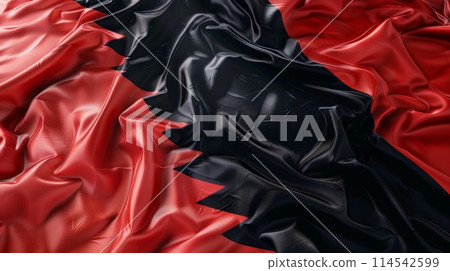 vibrant flag of Bahrain gracefully waves in the wind, displaying its symbolic colors and design against a clear sky. 114542599