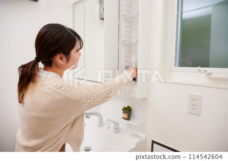 Bathroom, woman, storage, morning, getting ready 114542604