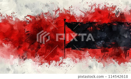 vibrant painting depicting a flag with striking red and black hues, symbolizing power, resilience, and unity. 114542618