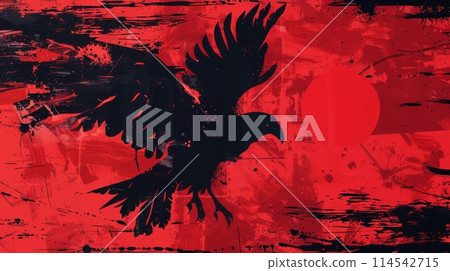 striking black crow stands out against a vibrant red background, captivating the viewer with its mysterious presence. 114542715