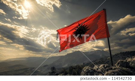 red flag of Albania flutters proudly at the summit of a towering mountain, embodying strength and patriotism. red flag of Albania flutters proudly at the summit of a towering mountain, embodying strength and patriotism. 114542730