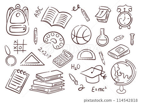 Back school September collection in sketch style. Set of supplies for office, education, teachers and children. Vector illustration isolated on a white background. 114542818