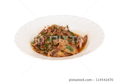 spicy salad namtok isolated on white background. 114542870