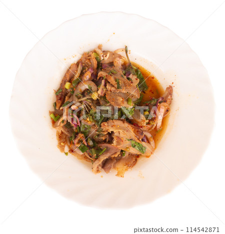 spicy salad namtok isolated on white background. spicy salad namtok isolated on white background. 114542871