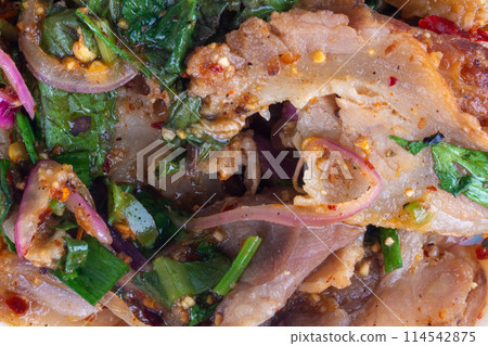 spicy salad namtok isolated on white background. spicy salad namtok isolated on white background. 114542875