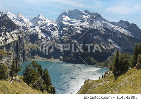 Oeschinensee lake with snow Bluemlisalp mountain on sunny summer day. Panorama of the azure lake Oeschinensee, pine forest in Swiss alps, Kandersteg. Switzerland. 114542895