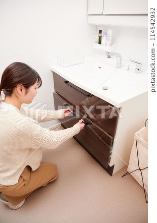 Bathroom, woman, storage, morning, getting ready 114542932