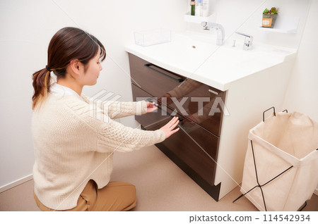 Bathroom, woman, storage, morning, getting ready 114542934