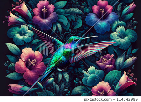 彩虹色的蜂鳥被五顏六色的花朵包圍 114542989