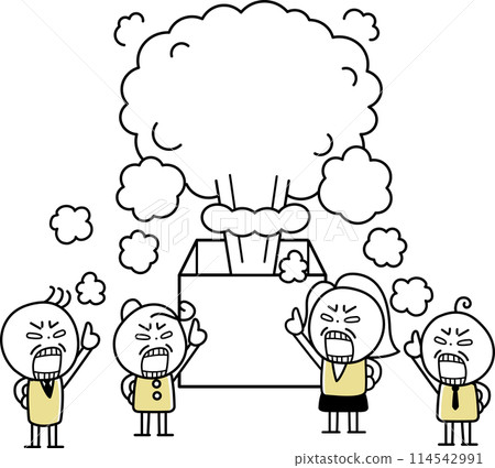 Angry people in front of a big box spewing smoke Angry people in front of a big box spewing smoke 114542991