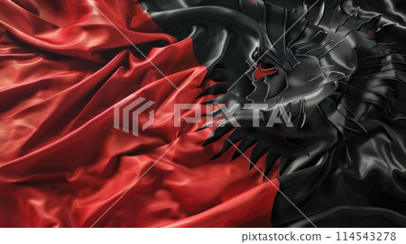 striking flag featuring a powerful dragon in black and red colors symbolizing strength and mystery. striking flag featuring a powerful dragon in black and red colors symbolizing strength and mystery. 114543278
