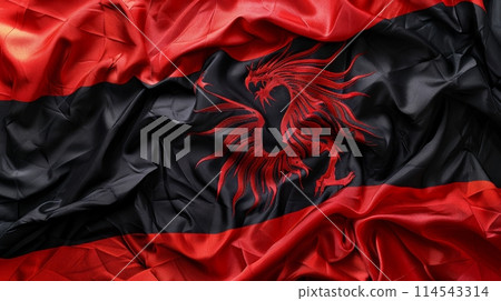 flag of Albania waving majestically in the air, showcasing its bold red background with a black double-headed eagle emblem. 114543314