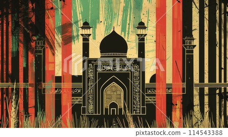 stunning poster featuring a majestic mosque against a backdrop of a moonlit sky, creating a serene and captivating scene. 114543388