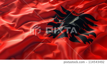 mesmerizing video showcasing the vibrant flag of Albania waving gracefully in the wind. 114543492