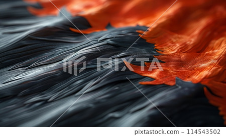detailed look at an orange and black feather, showcasing its intricate patterns and textures up close. detailed look at an orange and black feather, showcasing its intricate patterns and textures up close. 114543502