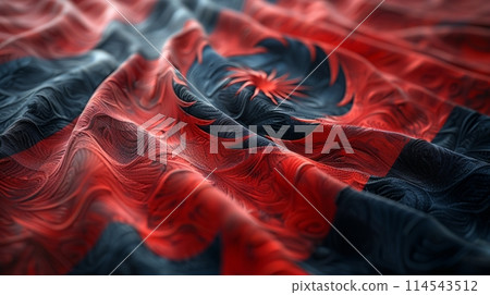 Intricate patterns of red and black fabric intertwine in a close-up view, showcasing the vibrant colors and detailed design. Intricate patterns of red and black fabric intertwine in a close-up view, showcasing the vibrant colors and detailed design. 114543512