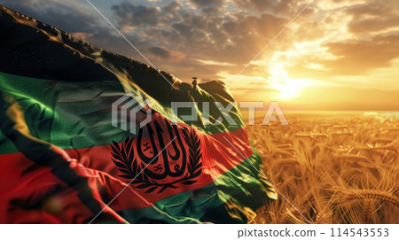 vibrant flag of Afghanistan flutters proudly in a peaceful wheat field, symbolizing national identity and unity. 114543553