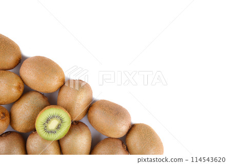 Ripe kiwi fruit and half kiwi fruit isolated on white background Ripe kiwi fruit and half kiwi fruit isolated on white background 114543620