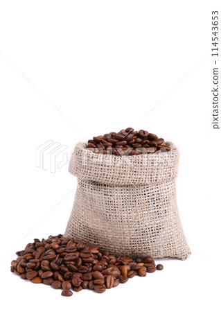 Coffee beans in burlap sack isolated on white 114543653