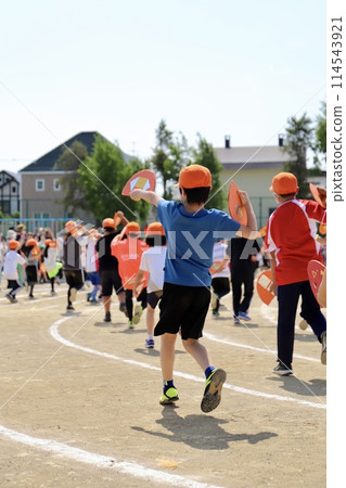 Elementary school sports day: Students performing the Haneko dance 114543921