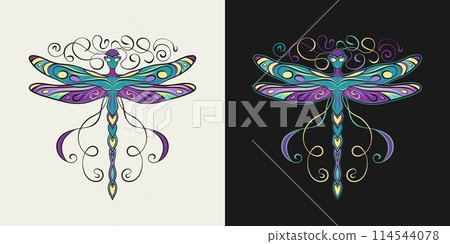 Pixie, little fairy stylized like dragonfly with curled antennae, stretched wings in Art Nouveau style. Single isolated colorful illustration in vintage style. Pixie, little fairy stylized like dragonfly with curled antennae, stretched wings in Art Nouveau style. Single isolated colorful illustration in vintage style. 114544078