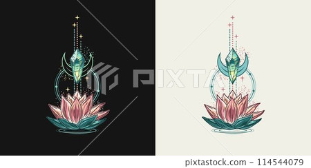 Vertical colorful composition with lotus flower, magic glowing crystal. Mysterious, mystical concept for meditation, clear consciousness. Vintage style. Vertical colorful composition with lotus flower, magic glowing crystal. Mysterious, mystical concept for meditation, clear consciousness. Vintage style. 114544079