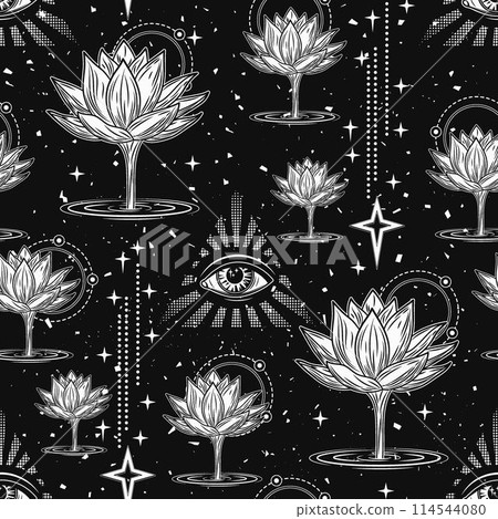 Mysterious seamless pattern with Lotus flower rising from water, third eye, stars. Mystical, spiritual, insight concept. Black and white illustration in vintage style. Mysterious seamless pattern with Lotus flower rising from water, third eye, stars. Mystical, spiritual, insight concept. Black and white illustration in vintage style. 114544080