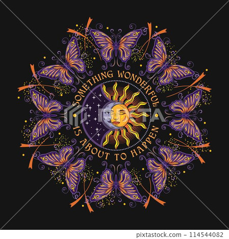 Circular colorful ornament like mandala with eclipse with sun, crescent moon, text, fantasy butterfly in Art Nouveau style. Vintage style. 114544082