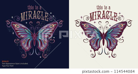 Mysterious label with fantasy colored butterfly with curled antennae, stretched wings, text. Art Nouveau style. Vintage style. Editable text graphic style is included. Mysterious label with fantasy colored butterfly with curled antennae, stretched wings, text. Art Nouveau style. Vintage style. Editable text graphic style is included. 114544084