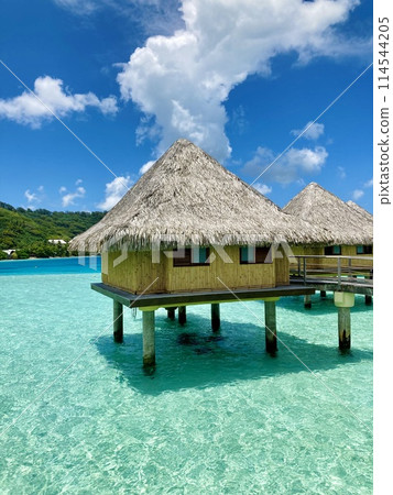 Water villas and ocean in Bora Bora, Tahiti Water villas and ocean in Bora Bora, Tahiti 114544205