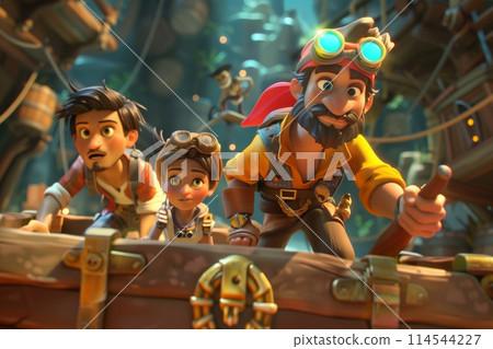 3d illustration of an animated family on an adventure in a steampunk setting 114544227