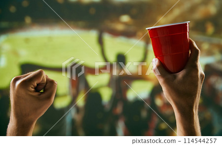 Sport fans raising hands to support favorite football team. Gathering at stadium to watch competition, drinking beer and shouting 114544257