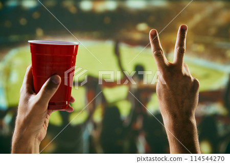Sport fans raising hands to support favorite football team. Gathering at stadium to watch competition, drinking beer and shouting Sport fans raising hands to support favorite football team. Gathering at stadium to watch competition, drinking beer and shouting 114544270