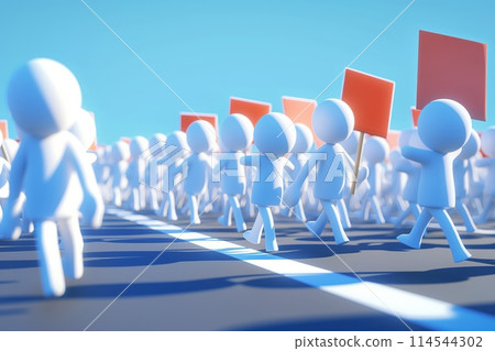 Stylized 3d rendering of anonymous crowd demonstration with placards on a sunny day 114544302