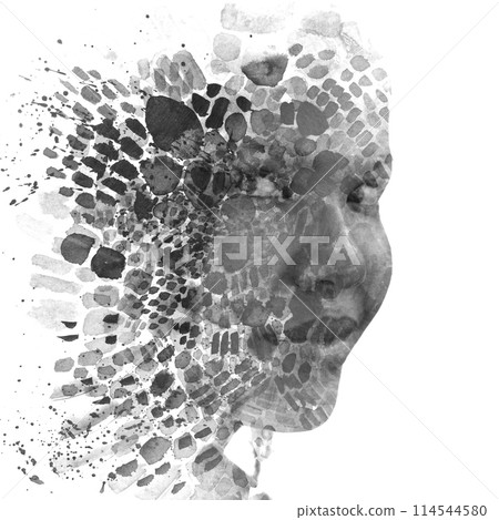 A paintography portrait of an Asian woman merged with an abstract pattern A paintography portrait of an Asian woman merged with an abstract pattern 114544580