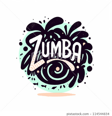 A colorful, abstract logo for Zumba. The logo is a circle with a swirl pattern and the word Zumba written in a bold, artistic font. The design conveys a sense of energy and movement 114544834