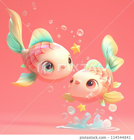Pisces zodiac sign 3D Two fish are swimming in the water, one of them is looking at the camera. The fish are colorful and appear to be happy Pisces zodiac sign 3D Two fish are swimming in the water, one of them is looking at the camera. The fish are colorful and appear to be happy 114544841