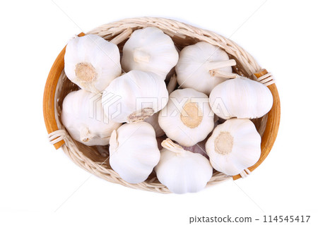 Isolated garlic. Fresh garlic in basket on white background 114545417