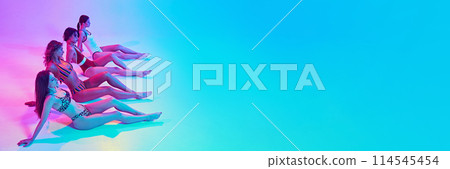 Banner. Relaxed and stylish dressed in bikini woman in neon light against vibrant gradient background with negative space for text. Banner. Relaxed and stylish dressed in bikini woman in neon light against vibrant gradient background with negative space for text. 114545454