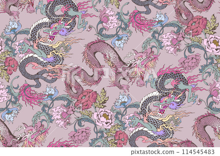 Seamless pattern of asian dragon and flowers. Suitable for fabric, mural, wrapping paper and the like 114545483