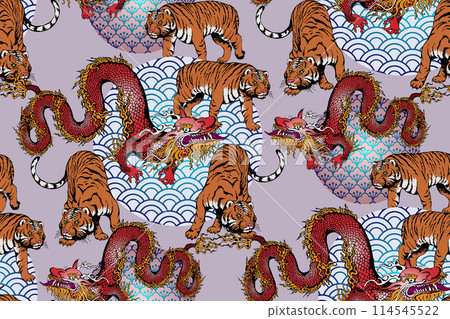 Dragons, tigers and pines. Seamless pattern with Chinese motifs. Suitable for fabric, wrapping paper and the like 114545522