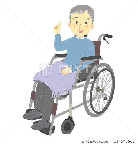 坐在輪椅上微笑的祖父,舉起食指(全身) 護理、護理、日托 坐在輪椅上微笑的祖父,舉起食指(全身) 護理、護理、日托 114545662
