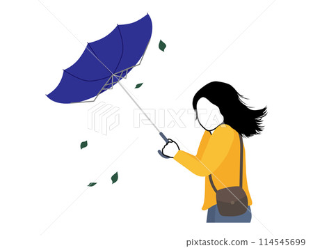 A woman whose umbrella is turned over by a strong wind 114545699