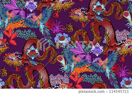 Pattern of asian dragon and flowers. Suitable for fabric, wrapping paper and the like 114545721