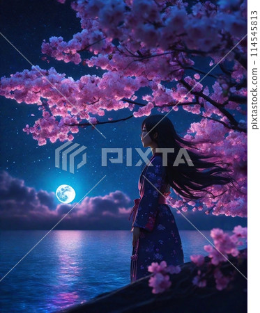 女人和櫻花“AI 生成圖像”櫻花和夜空#SAKURA #AI #生成圖像 114545813