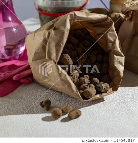 A brown paper bag filled with rocks sits on a table A brown paper bag filled with rocks sits on a table 114545817