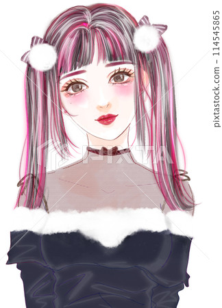 礦井風格時裝模特兒風格粉紅色頭髮和雙馬尾的女性插畫 礦井風格時裝模特兒風格粉紅色頭髮和雙馬尾的女性插畫 114545865