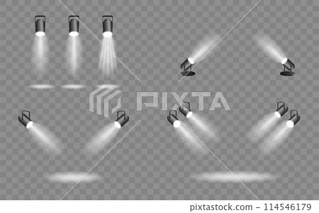 Spotlight lighting. Light source studio lighting walls spotlight. Light beams light effect. Vector 114546179