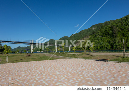 Lake Yamba Agatsuma in early summer. Fudo Bridge seen from Yamba Forest Park. Lake Yamba Agatsuma in early summer. Fudo Bridge seen from Yamba Forest Park. 114546241